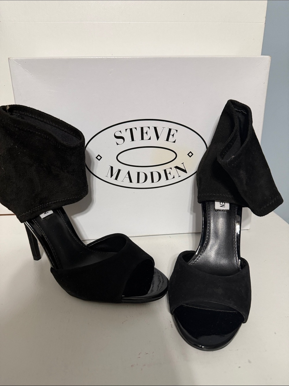 Steve Madden Black Suede Ankle-Cuff Open-Toe Heels